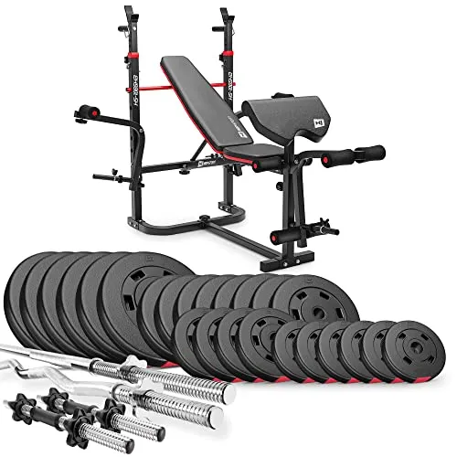 Hop-Sport - Hantelbank mit Latzug, multifunktionale Trainingsbank, verstellbare Schrägbank, inkl. Langhantelstange, SZ-Curlstange, Hantelset 135 kg, max. Hantelbank Belastbarkeit 250 kg