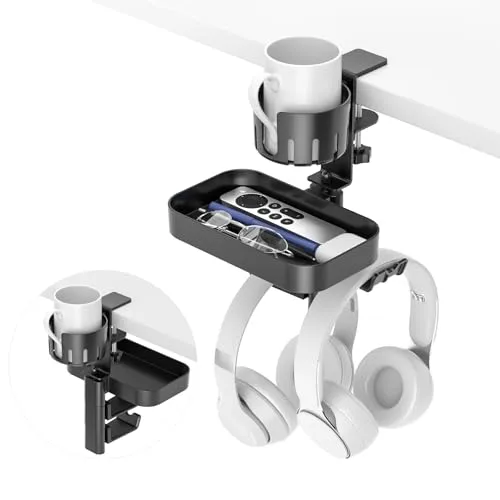 KDD Untertisch Schublade mit Getränkehalter Schreibtisch - Drehbar Schreibtisch Schublade - Versteckt Schubladenbox & Kein Bohren 2 Kopfhörer Ständer für Zuhause Büro Zocker Pc Gaming Zubehör