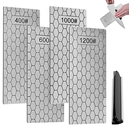 Diamant Schleifstein,4 Stück 400/600/1000/1200 Körnung Diamant Schleifstein Set mit Messerschleifen Winkelhilfe,Ultradünn Diamantschleifplatten Emery sharpening stone