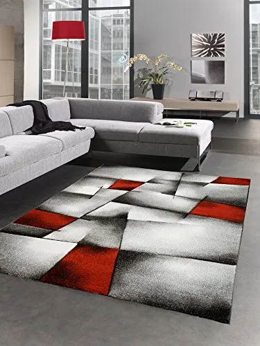 CARPETIA Moderner Teppich Kurzflor Wohnzimmerteppich Konturenschnitt karo abstrakt grau schwarz Weiss rot Größe 80x150 cm