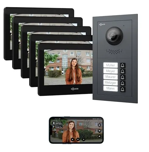Goliath Basic Line Video Türsprechanlage 5-Familienhaus - Moderne GOLIATH Basic Türsprechanlage für Mehrfamilienhäuser, einfach zu installieren dank 2-Draht BUS Technologie. Mit FullHD Monitor und App-Anbindung für optimale Kommunikation und Sicherheit.