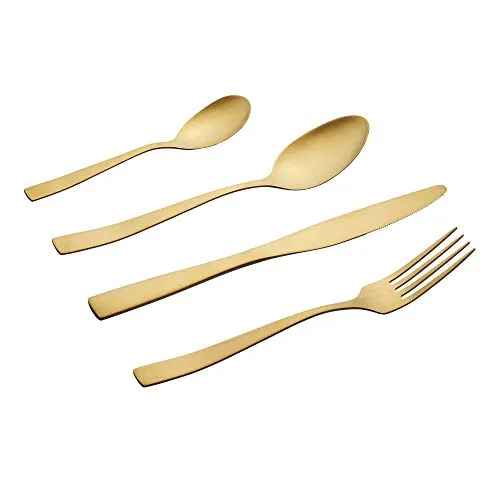 Cepewa 16 teiliges Besteck Set aus 430er Edelstahl Messer Gabel Löffel Teelöffel Designerbesteck spülmaschinenfestfür 4 Personen (Gold matt)