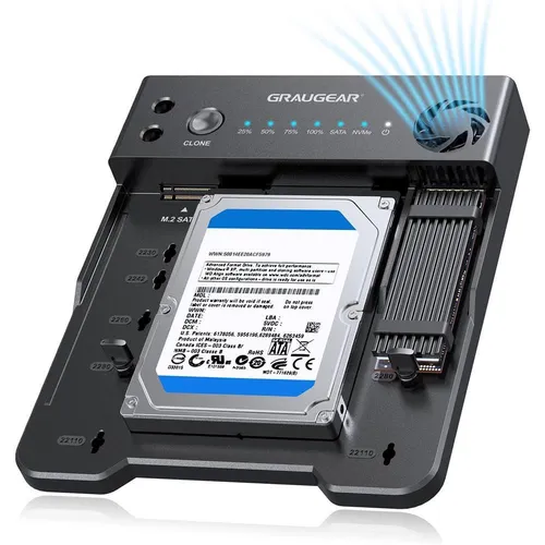 GRAUGEAR Bidirektionale Klonstation für M.2 SATA und NVMe SSDs - Festplattengehäuse mit One-Touch Klontaste für PC-freies Klonen und hervorragender Kühlung durch aktiven Lüfter – ideal für schnelles und sicheres Datenmanagement.