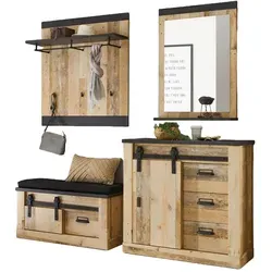 Furn.Design Garderobe Set 5-teilig - Modernes Garderobenkombination in Used Wood - Drohnen - Stilvolles Garderobe Set in trendigem Used Wood Design, bietet viel Stauraum auf kleinem Raum mit Soft-Close Schubkästen und rustikalen Schiebetüren.