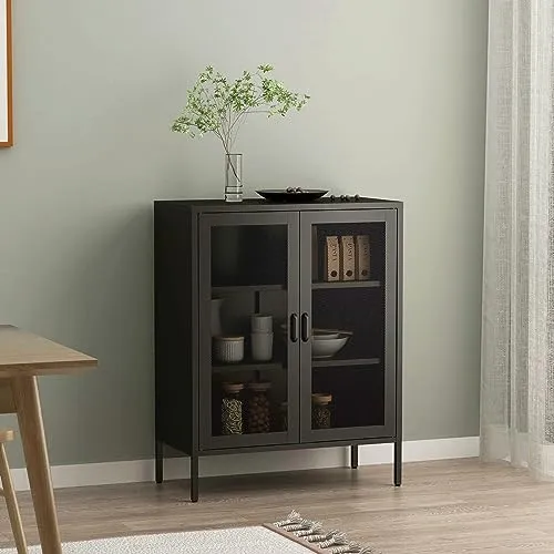 [en.casa] Sideboard Falköping - Eleganter Vitrinenschrank aus Stahl - Kommoden & Sideboards: Zeitlose Eleganz mit robustem Stahl und dekorativen Gittertüren für stilvolle Präsentation und clevere Organisation.