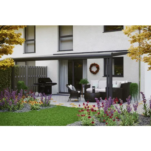 Terrassenüberdachung Genua 541 x 307 cm - Aluminium Anthrazit - Hochwertige Aluminium-Terrassenüberdachung mit modernen Profillinien, integrierter Regenrinne und stabilen 16 mm Polycarbonat-Doppelstegplatten für optimalen UV-Schutz.