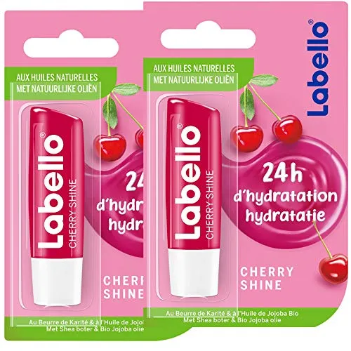 Nivea Labello Cherry Shine (1 x 5,5 ml), Lippenbalsam, angereichert mit natürlichen Ölen und glänzenden Pigmenten, Lippenpflege, langanhaltende Feuchtigkeitsversorgung für 24 Stunden