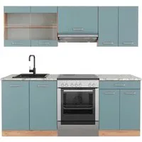 Vicco Küchenzeile R-Line, Blau-Grau/Goldkraft Eiche, 200 cm - Küchenzeilen mit eleganter Arbeitsplatte aus Marmor, flexibel konfigurierbar und höhenverstellbar für eine perfekte Passform in jeder Küche.