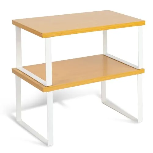 HEFTMAN Küchenschrank Organizer - 2er Set Holz- & Metallregale für Schränke Platzsparend, Stapelbar Schrankregal Organizer für Arbeitsplatte, Speisekammer - Gewürzregal Hält 15 kg (Natur & Weiß)