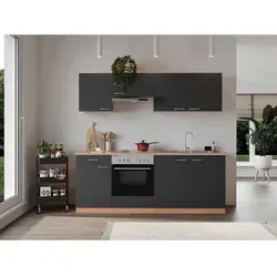 Küchenzeile Respekta Gerda 210 cm in Buche Grau - Küchenzeile mit energiesparendem Einbauherdset und wechselseitigem Aufbau, ideal für moderne Küchen.