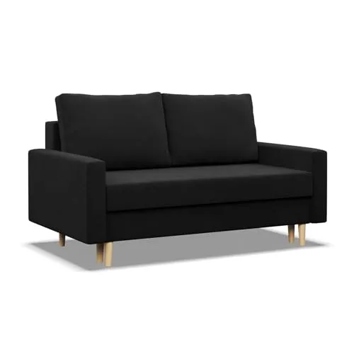 Mebligo Sofa mit Schlaffunktion und Bettkasten Blank, 2 Sitzer - Sofa Schwarz, modernes skandinavisches Design, bietet zusätzlichen Stauraum und verwandelt sich schnell in ein bequemes Bett für Gäste.