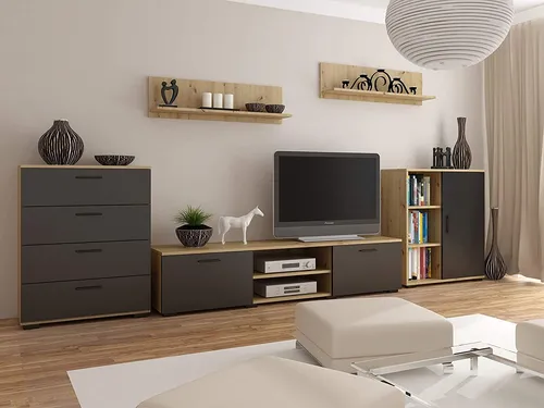 MATKAM Wohnwand Chopin 2, 5-teilig - Moderne Wohnwand in Artisan Eiche-Schwarz, bietet viel Stauraum und pflegeleichte Oberflächen. Ideal für jedes Wohnzimmer, Jugendzimmer oder Kinderzimmer.