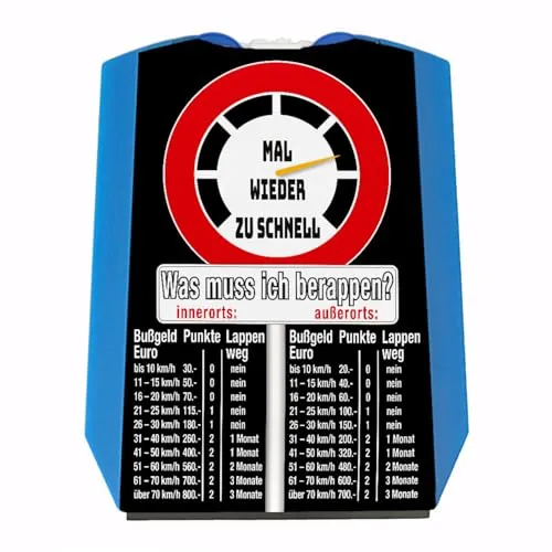 speecheese Zu schnell gefahren Bußgeld Parkscheibe in schwarz mit Straßenschild Motiv mit Eiskratzer Wasserabstreifer und Einkaufswagen-Chips für Fahranfänger mit Führerschein um den