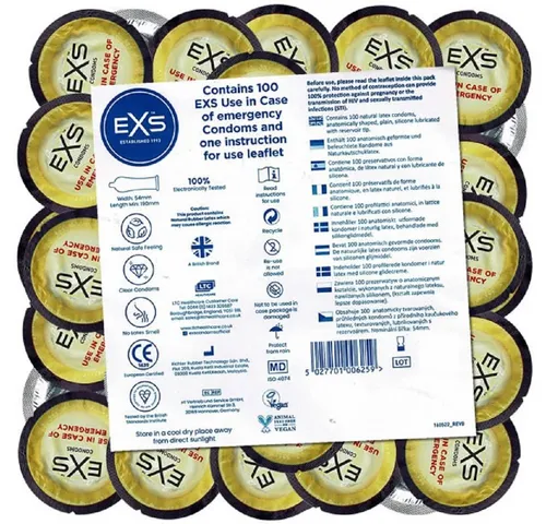 EXS Kondome Emergency - Notfall-Kondome Packung mit, 100 St., Latexkondome mit Logo / Aufdruck, Rundfolien-Kondome mit Motiv, Vorratspackung, Geschenk-Idee