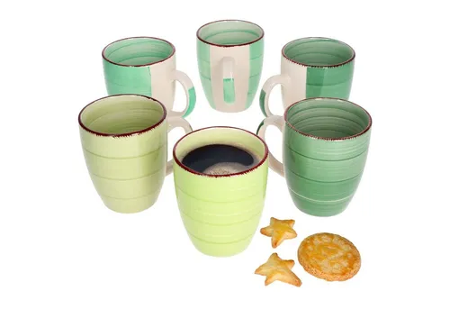 MamboCat Green 6-er Kaffee-Becher-Set - Thermobehälter im modernen Landhaus-Stil, 6 große Steingut-Tassen mit einzigartigem Strudel-Muster - ideal für Kaffee, Tee oder heiße Schokolade.