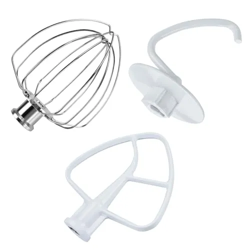 3er Zubehör Set für KitchenAid 4.5-5 Quart Standmixer - Ersatzteile für Standrührgeräte - Hochwertiger Aluminium-Schneebesen, Flachrührer und Knethaken für vielseitige Anwendungen, ideal für Teige und Backwaren.