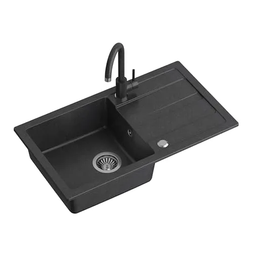 QUADRON Spülbecken Spüle Küche Granit | Größe 77 x 44 x 17,6 cm Schwarz | GO MAX Granitspüle Einzelbecken-Spüle | Einbauspüle mit Küchenarmatur | Einbeckenspüle Küchenspüle