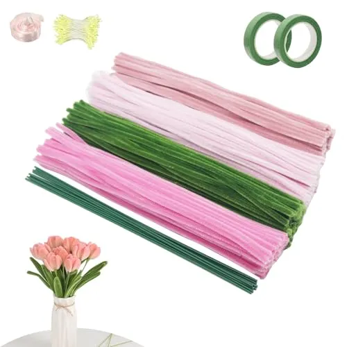 KUIRUNRX Pfeifenreiniger Blumen Set, 400 Stück Pfeifenreiniger zum Basteln-4 Farben, 400 Stück Staubgefäße 10 Stück Blumendraht, 2 Floristenkrepp, Blumenband Zum Basteln aller Arten von Formen verwen