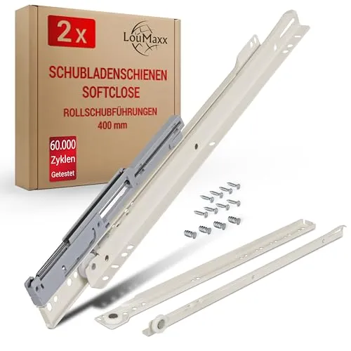 LouMaxx Schubladenschienen 400 mm selbstschließend mit Dämpfer - 2er Set (1 Paar) Rollschubführungen - Schubladen Auszugsschienen Softclose - Leichtgängiger Rollenauszug in weiß