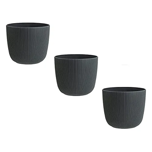 Engelland - 3 x Blumentopf mit Drainagesystem, Anthrazit-Grau, Rillenoptik, Pflanz-Topf, Kübel, modern, widerstandsfähig, rund, wetterfest, Kunststoff, Ø 12 cm, 0,9 Liter