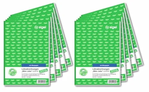 SIGEL LO519/10 Lohnabrechnungen für Mini-Jobs - Personalformulare für Mini-Jobs, rechtssicher und aktuell, inklusive Blaupapier zur genauen Dokumentation der Arbeitszeiten, geprüft von Rechtsexperten.