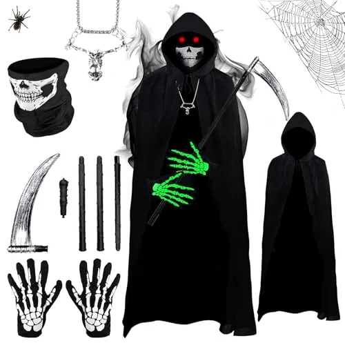 Moiuguli Sensenmann Kostüm Herren, Schwarzer Umhang mit Kapuze, Halloween Kostüm Set mit Skelett Maske Totenkopf Leuchthandschuhe, Halskette, Sichel Geeignet für Jugendliche Erwachsene Männer Damen