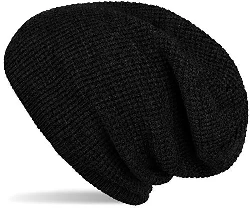 styleBREAKER Unisex Strick Beanie Mütze mit Karo Strickmuster, Winter Slouch Longbeanie 04024172, Farbe:Schwarz
