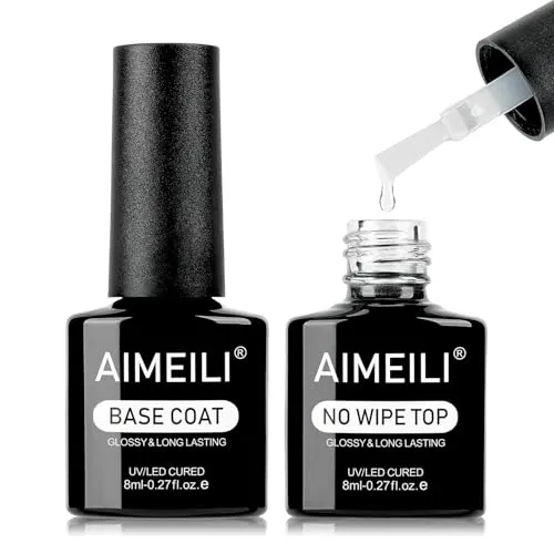 AIMEILI Base und Top Coat Gel UV, Unterlack und Überlack für Nägel No Wipe Top Coat Gel UV Extra Shine UV Base Coat Long Lasting 2 x 8ml