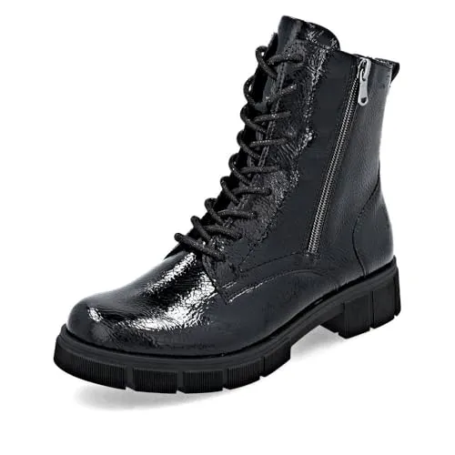 Schnürstiefelette REMONTE für Damen, Gr. 39, schwarz - Modische Schnürstiefelette aus glänzendem Lacklederimitat mit wärmendem Innenmaterial und stylischen Glitzer-Schnürsenkeln, ideal für trendige Outdoor-Abenteuer.