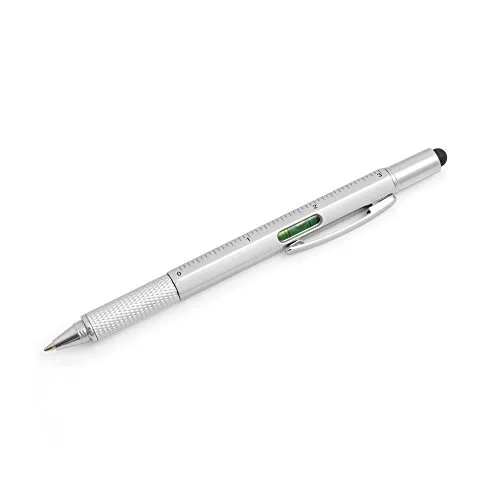 System-S 6in1 Stylus Touch Pen Eingabestift Kugelschreiber Lineal Schraubendreher Wasserwaage für Smartphone Tablet PC in Silber-Farben