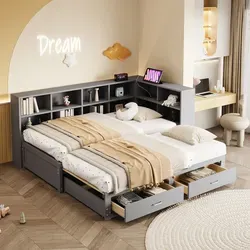 Merax Massivholzbett 90x190/180x190 cm mit Ausziehbett, Tagesbett mit Stauraum und Ladeanschluss, Multifunktionsbett Kinderbett Grau - Grau