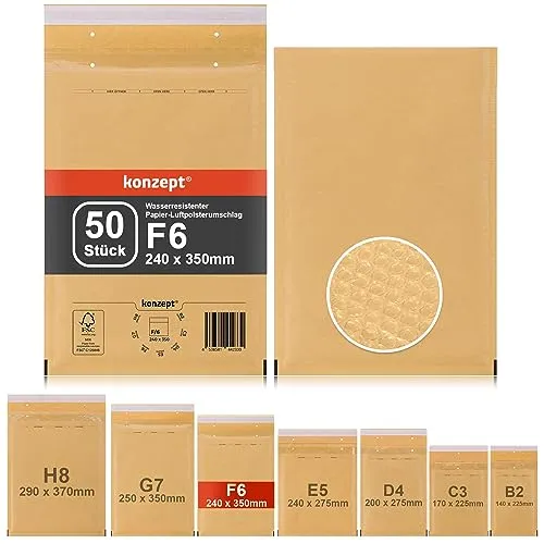 KONZEPT Luftpolsterumschläge, Set 50 Stück, Luftpolstertaschen für Brief, Unterlagen, CD, Fotos, Bücher, Kleidung, Elektronik, Schmuck, Kosmetik, selbstklebend, DIN F6, 240 x 350 mm