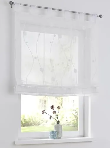 Kutti Raffrollo Nelly, modern bestickt mit Schlaufen - Gardinen, freihängend und transparent, ideal für lichtdurchflutete Räume und individuelle Fensterdekoration