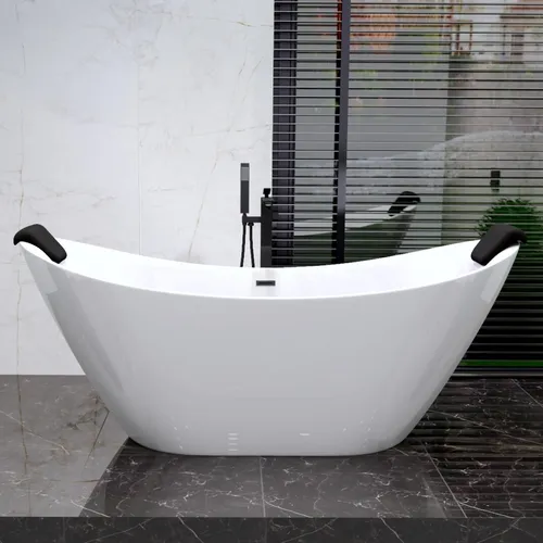Freistehende Badewanne 180x80 Weiß Modern Exclusive Acryl Ablaufgarnitur VIEGA Click-Clack Gratis + 2x Schwarz Kopfstütze | BADLAND IVAR