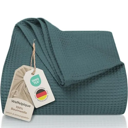 LAYNENBURG Premium Tagesdecke 150 x 200 cm - Waffelpique 100% Baumwolle - leichte Sommerdecke Waffeloptik - Baumwolldecke als Bett-Überwurf, Sofa-Überwurf, Couch-Überwurf - Sofa-Decke (Blau Mirage)
