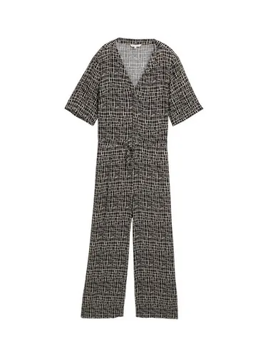 TOM TAILOR Damen Jumpsuit 1046425 - Abstract Black Grid Design, Größe 40 - Stylischer Jumpsuit aus weicher Viskose mit verdeckter Knopfleiste und Kordelzug an der Taille, ideal für trendbewusste Damen.