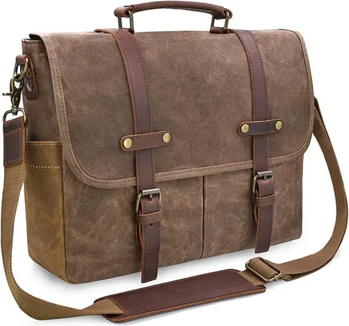 Herren Umhängetasche Aktentasche Wasserdicht Canvas Vintage 15.6 Braun - Wasserdichte Umhängetasche aus robustem Canvas für 15,6-Zoll-Laptops. Mit 9 Fächern für optimale Organisation. Ideal für Büro, Reisen und Alltag. Bequemer Schulterriemen für hohen Tragekomfort.