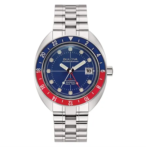 Bulova Oceanographer GMT Blue and Red Men’s Watch 96B405 - Armbanduhren für Herren, mechanische Präzision mit stilvollem blau-rotem Zifferblatt und robustem 316L Edelstahlgehäuse.