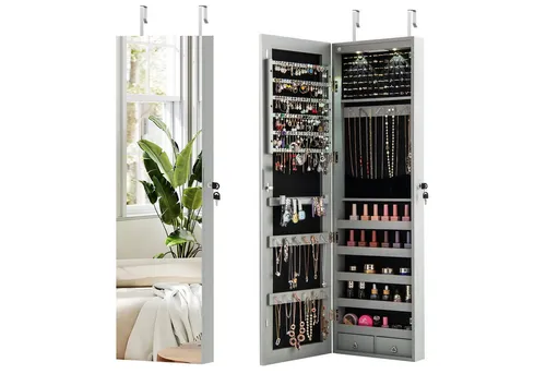 COSTWAY Schmuckschrank mit LED Beleuchtung und Spiegel, Grau