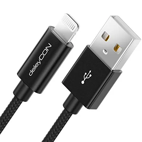 deleyCON 0,5m Lightning 8 Pin Ladekabel USB Kabel Apple MFi für iPhone 14 Pro Max 14 Pro 14 Plus 14 SE 13 Pro Max 13 Pro 13 Mini 12 Pro Max 12 Pro 12 Mini Metallstecker & Nylonkabel - Schwarz