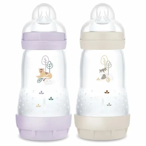 MAM Easy Start Anti-Colic Flasche 2+ Monate mittlerer Durchfluss (2 x 260 ml) Flieder + Sand – Flasche zur Reduzierung von Koliken und Beschwerden des Babys – Babyflasche zum Stillen geeignet