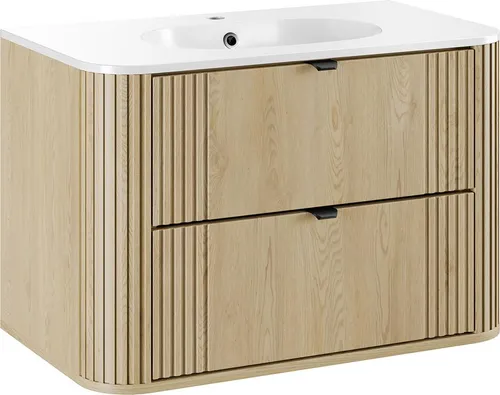 Lomadox Waschtisch OLIVA-56, Eiche gerillt 80 cm mit Softclose und Keramik Waschbecken
