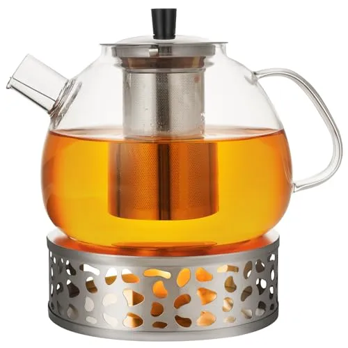 Teekanne Mit Siebeinsatz 1,6 Liter, Transparent Heizbare Glaskanne Mit Edelstahl-Abnehmfilter, Geeignet für Aromatischen, Grünen, Schwarzen, Früchtetee 1500 ml (Teekanne (mit Heizbasis))