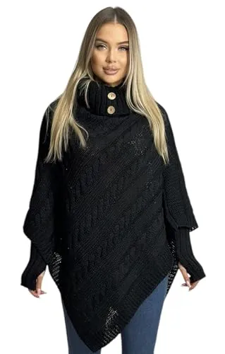 Mississhop Poncho Cape Strick Sweatshirt Pullover Umhang Überwurf mit Stulpen 3012 Schwarz - Strick Ponchos & Capes für Damen, modischer Poncho im Grobstrick-Look mit abnehmbaren Stulpen für optimalen Komfort an kalten Tagen.
