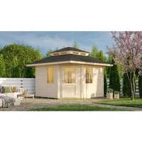 Weka Saunahaus Kurikka 380x380 cm mit 9 kW Ofen - Hochwertiges Saunahaus aus 28 mm Blockbohlen, inklusive isolierter Elementsauna Varberg für optimalen Wärmeschutz. Genießen Sie entspannende Stunden mit großzügigen Liegeflächen und praktischem Ofenset.