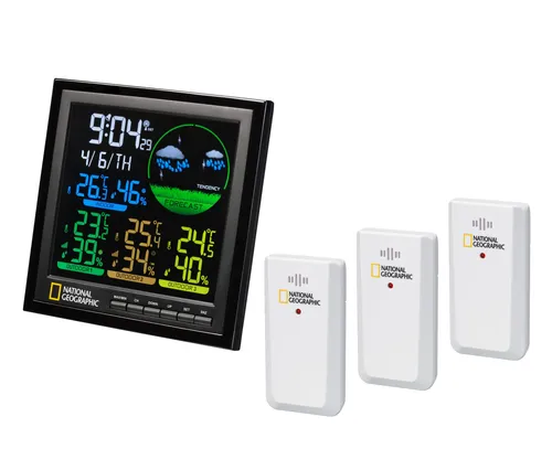 National Geographic Wetterstation mit 4 Messbereichen - schwarz - Wetterstation mit 4 Messpunkten, inklusive 3 Funksensoren für präzise Innen- und Außenmessungen. Ideal für Wetterbeobachtungen und Planung.