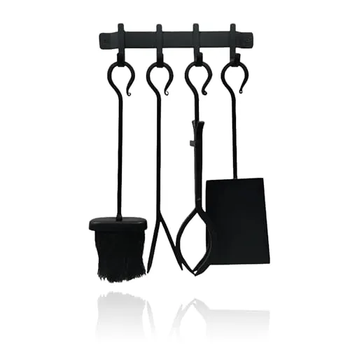 Relaxdays Kaminbesteck, 5-TLG. Set, Schürhaken, Schaufel, Aschebesen, Feuerzange, Wandhalterung, Ofengarnitur, schwarz
