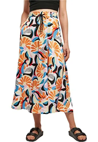 Urban Classics Damen AOP Satin Midi Skirt L - Magic Mango Abstract - Röcke für Damen, hoher Tragekomfort durch elastisches Material und zeitloses Design, ideal für jeden Anlass und pflegeleicht in der Waschmaschine.