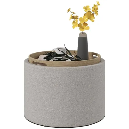 HOMCOM Sitzhocker mit Stauraum, Runder Hocker mit Klappdeckel Couchtisch, 56 x 56 x 42 cm Polsterhocker mit Leinenoptik, für Wohnzimmer, Schlafzimmer, Hellgrau