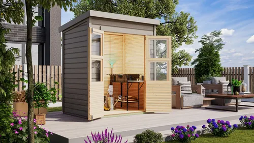 Gartenhaus KARIBU »Merseburg 2« vorvergraut - Gartenhäuser aus Fichtenholz, farbig lasiert und mit Sicherheitsüberfalle - ideal für Gartenliebhaber, die eine stilvolle und sichere Aufbewahrung suchen.